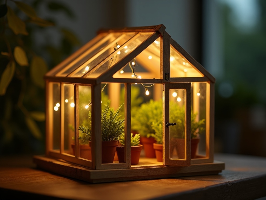 Finished miniature greenhouse kit glowing with warm LED lights and tiny plants inside
