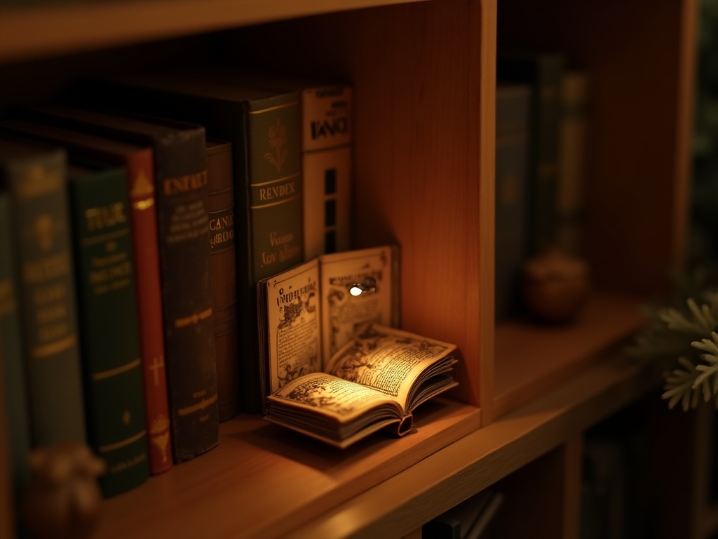 Fantasy book nook insert displayed between hardcover books on a wooden shelf with warm LED glow