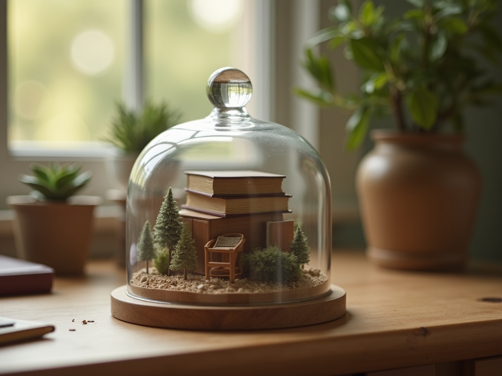 Glass cloche dome protecting a miniature book nook scene on a wooden desk