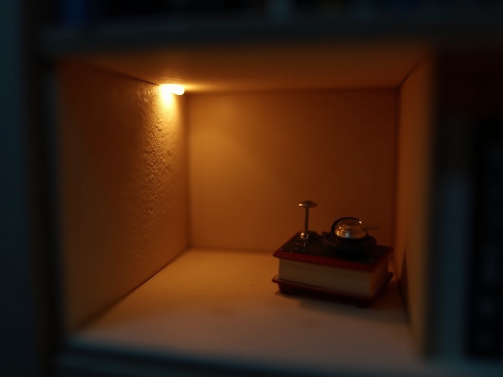 Close-up of LED strip lighting inside a book nook insert illuminating a miniature street scene