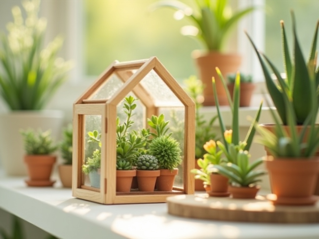 Completed miniature botanical garden kit greenhouse with tiny paper plants on wooden shelving inside a glass-pane frame