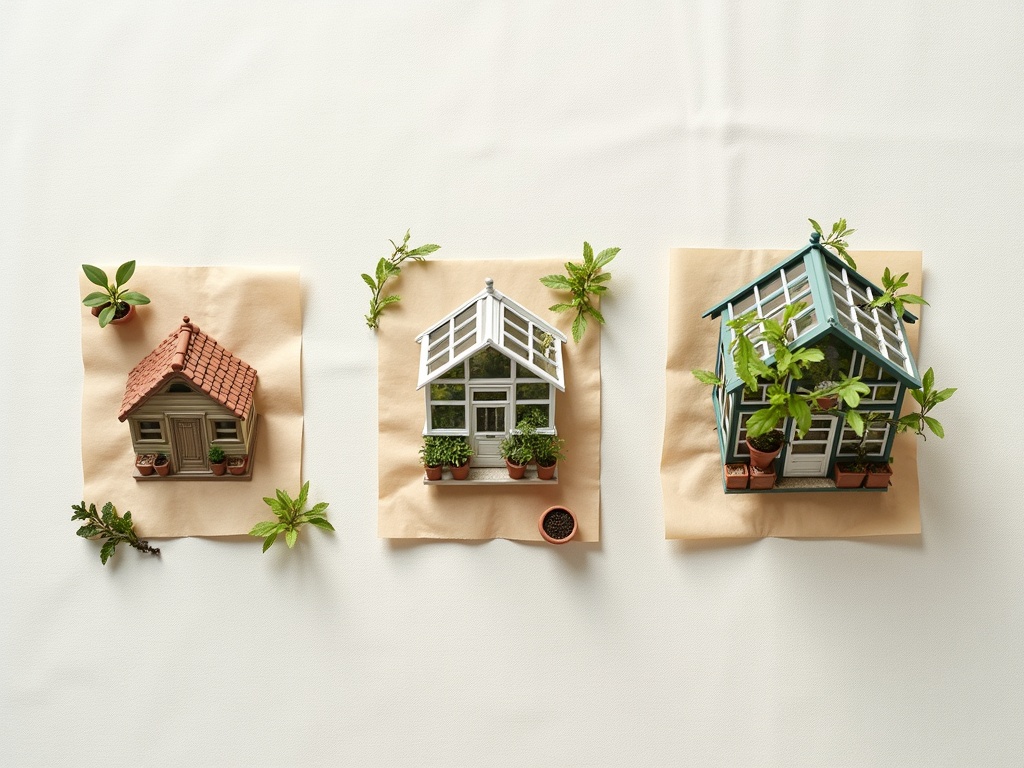 Three miniature botanical garden kits arranged by difficulty level from beginner potting shed to advanced Victorian conservatory