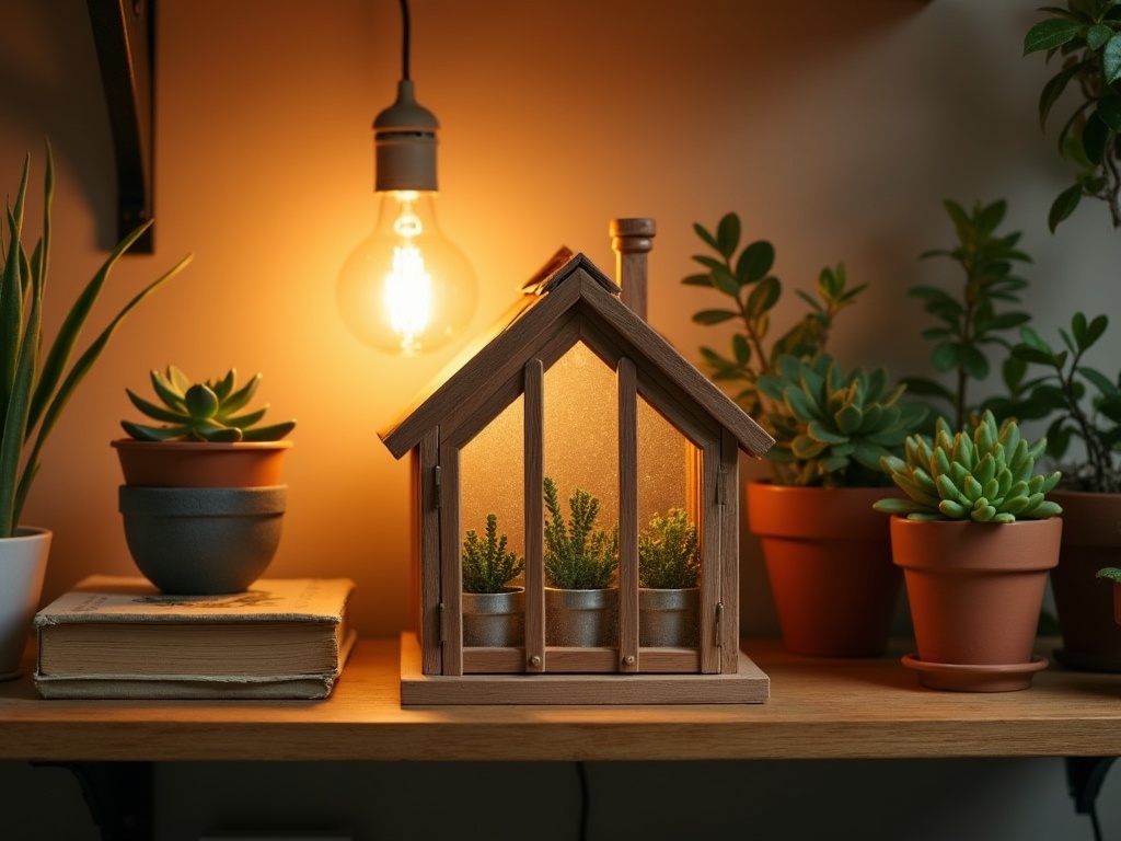 Miniature botanical greenhouse kit displayed on a shelf alongside real succulents, botanical books, and a warm lamp