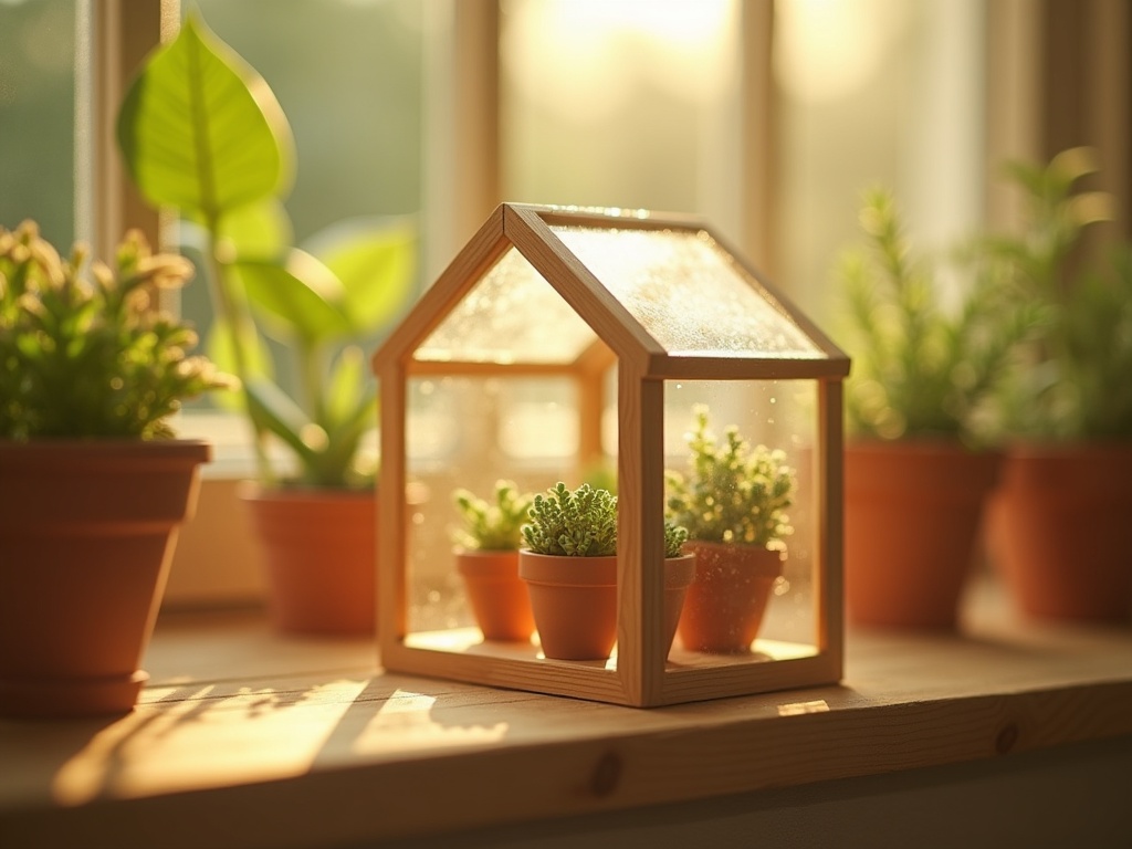 Miniature greenhouse on a windowsill catching morning sunlight through its small glass panels