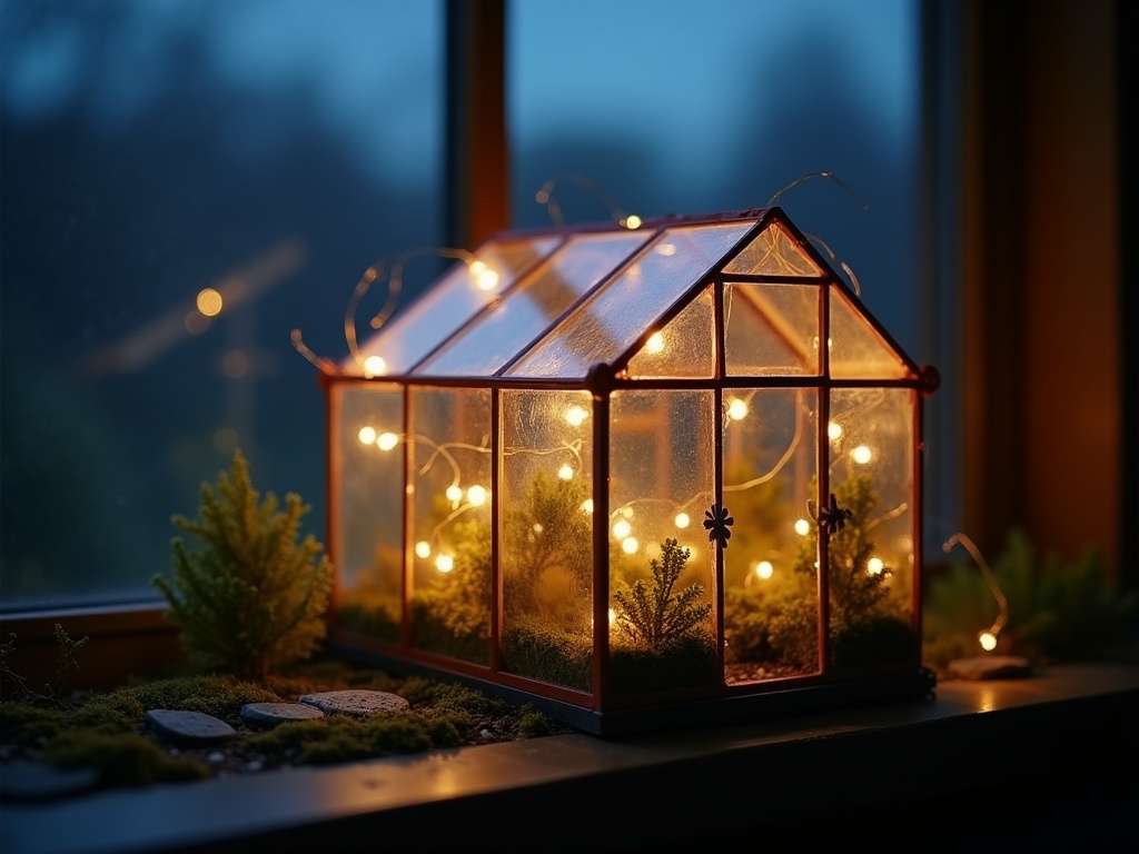 Miniature greenhouse glowing with warm LED fairy lights on a windowsill at dusk