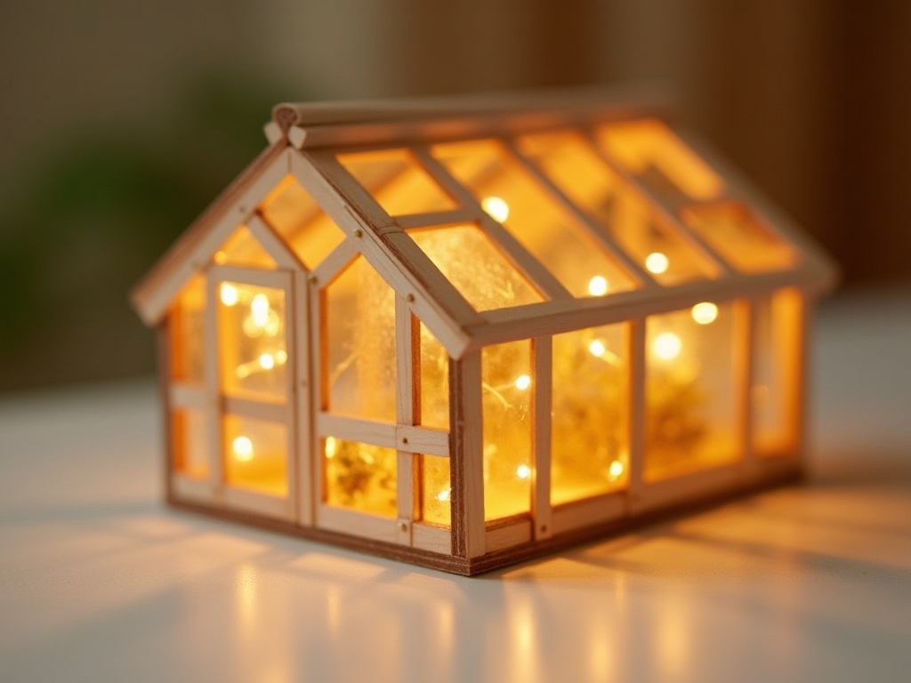 Miniature wooden greenhouse kit with warm white LED lights glowing through acrylic panels