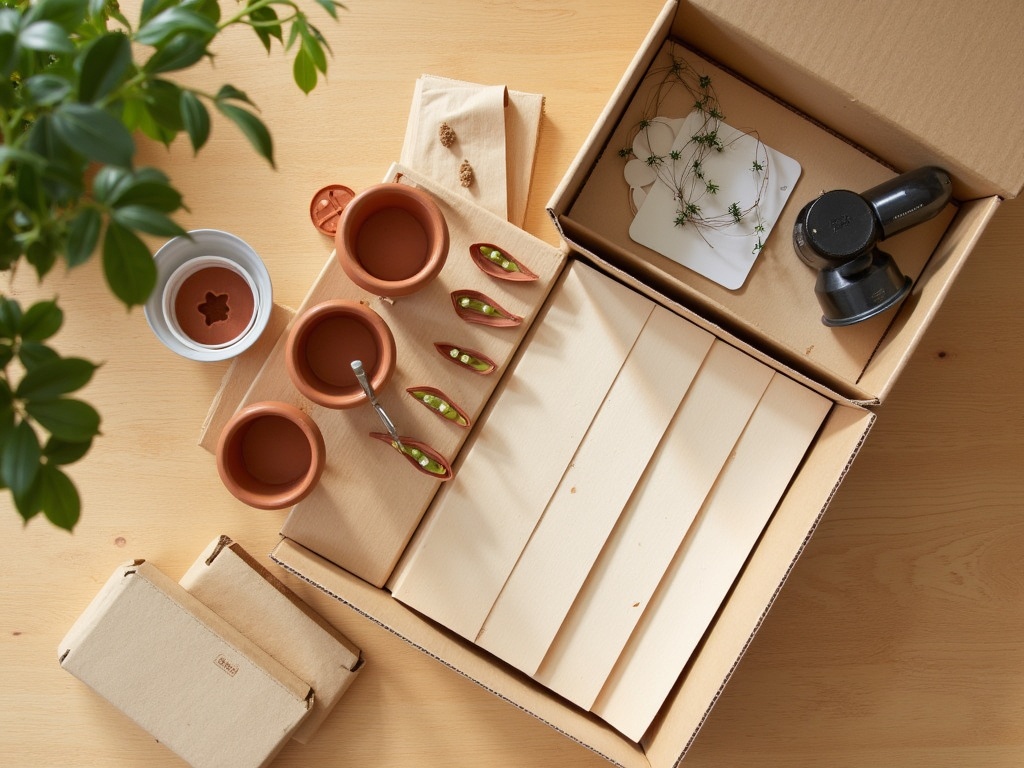 Unboxed miniature greenhouse kit showing laser-cut panels, accessories, and LED fairy light components