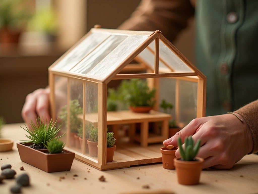 Crafter placing a tiny wooden potting bench inside a miniature greenhouse kit during assembly