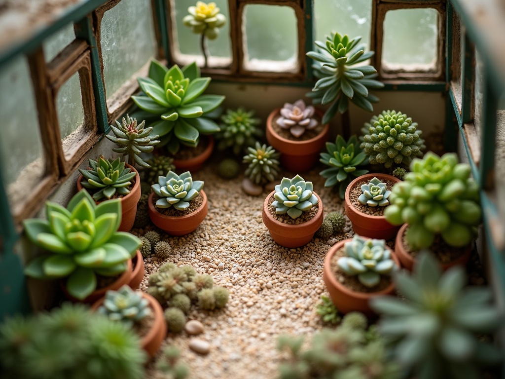 Overhead view of a miniature greenhouse diorama filled with clay succulent arrangements in tiny terracotta pots