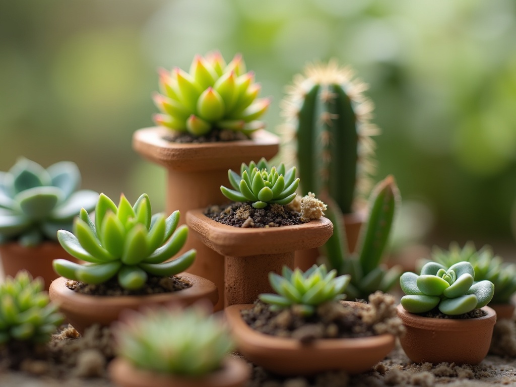 Three-tier miniature succulent arrangement on greenhouse shelves showing rosettes at ground level, clusters mid-level, and columnar cacti above