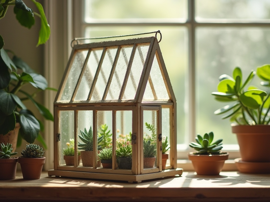 Finished miniature greenhouse with succulents displayed on a windowsill with natural afternoon light casting shadows through the glass panels