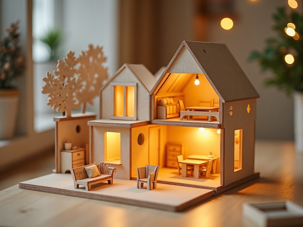 Partially assembled miniature house kit with laser-cut wooden panels and tiny LED lights