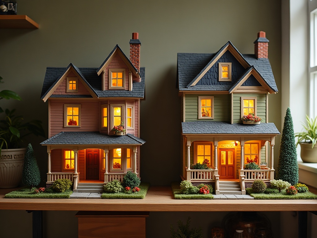 Two completed DIY miniature house kits displayed side by side showing different architectural styles