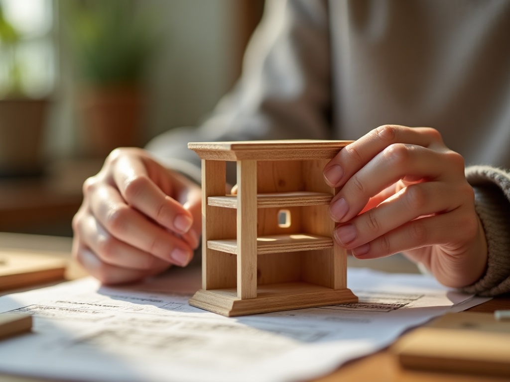 Beginner crafter assembling a miniature dollhouse room with small furniture and instruction guide