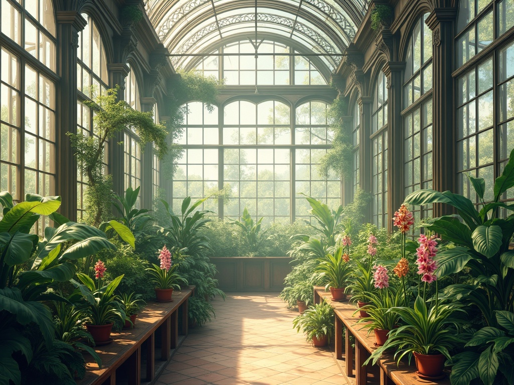 Victorian glasshouse interior with cast-iron columns, ferns and orchids on staging benches, 1880s period-accurate design