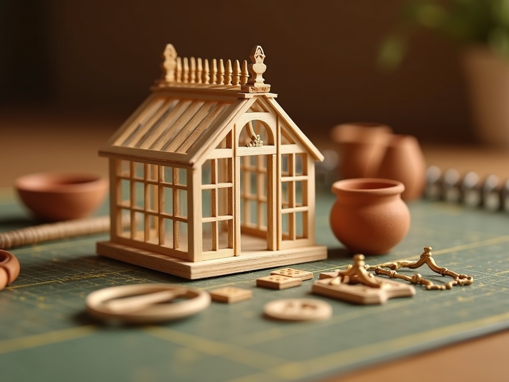 Victorian greenhouse miniature kit components including laser-cut glazing bars, brass finials, acetate panes and miniature terracotta pots laid out on a craft mat