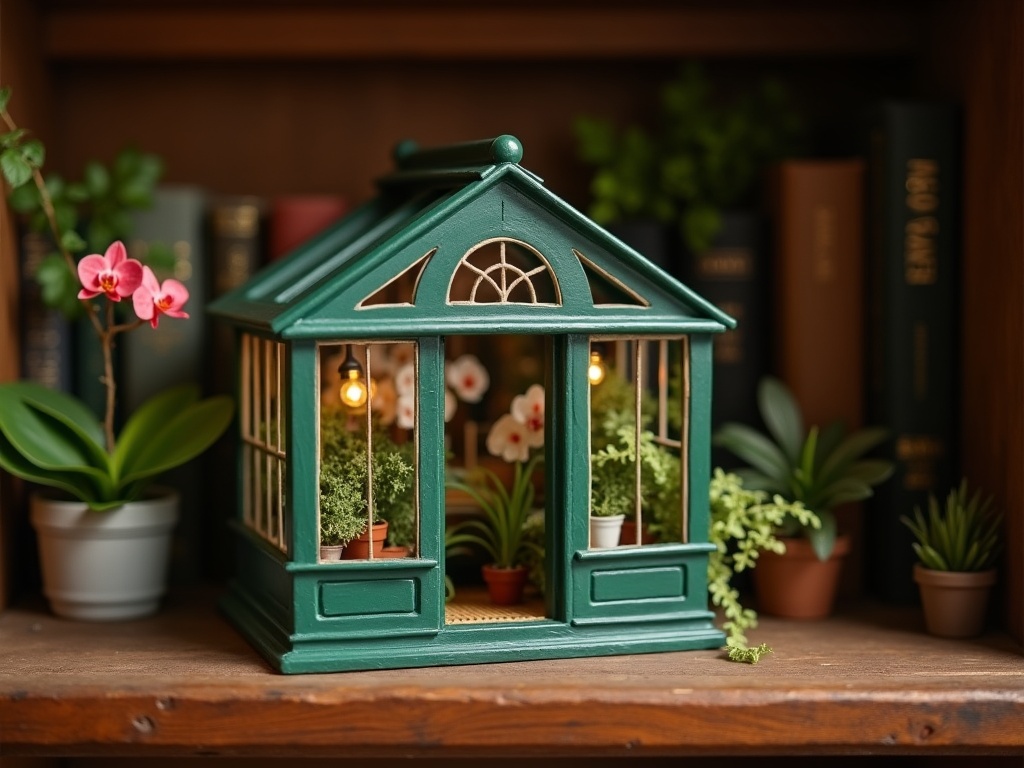 Finished 1:12 scale Victorian greenhouse miniature painted Brunswick green with cream trim, displayed on a shelf with miniature plants inside