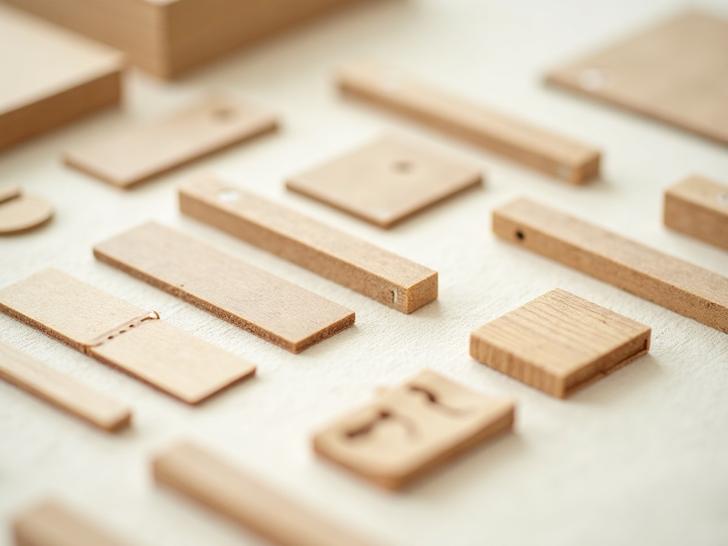 Close-up of tiny laser-cut wooden pieces and paper components from a book nook kit laid out on a linen surface