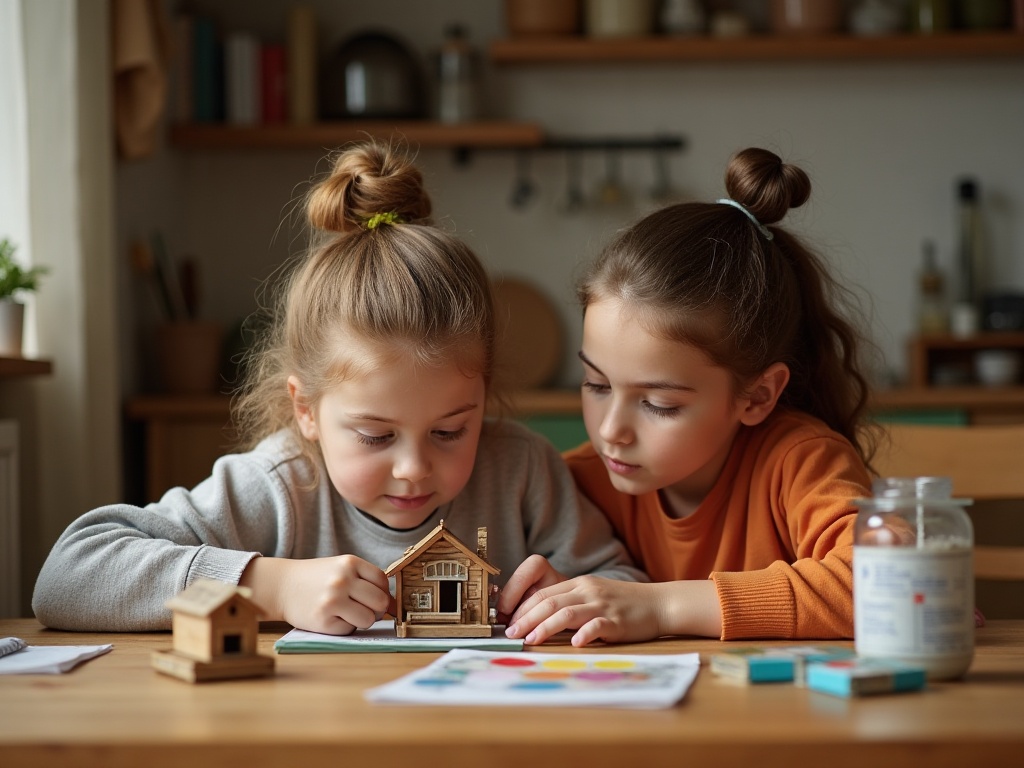 A child and parent building a miniature book nook kit together at a kitchen table