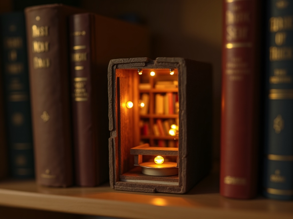 A finished glowing book nook kit displayed between books on a real wooden shelf