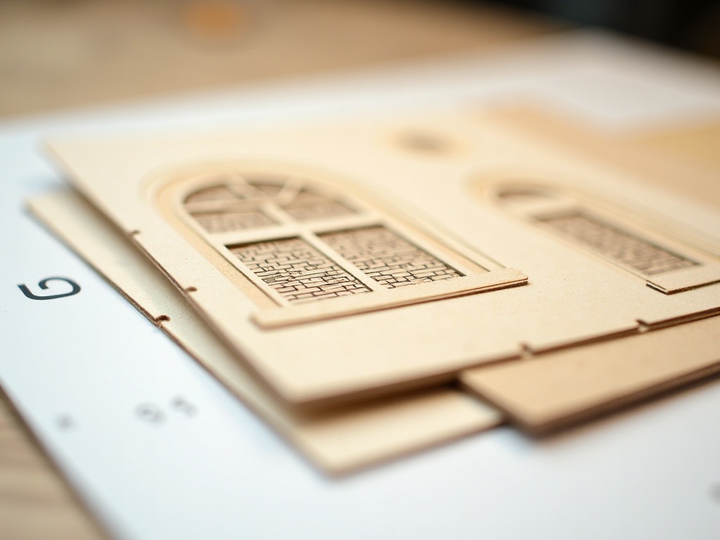 Laser-cut basswood panels on sprues for a book nook kit showing engraved brick texture and window frame details