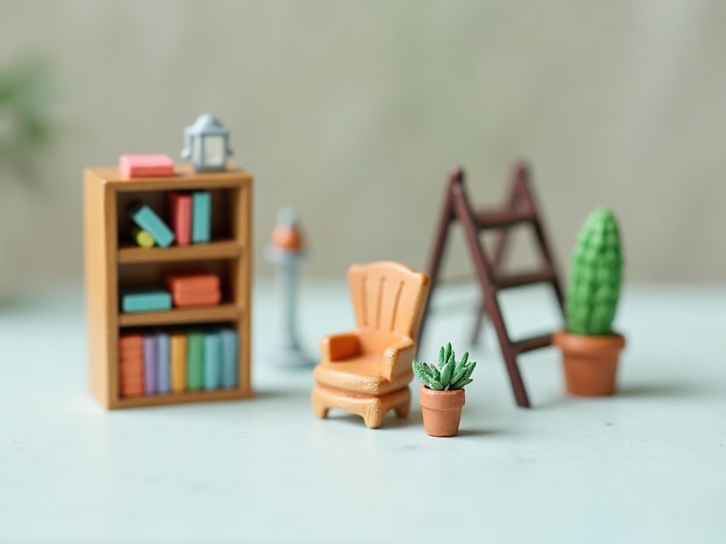 Pre-painted resin miniature accessories from a book nook kit including a tiny bookshelf, reading chair, lantern and staircase
