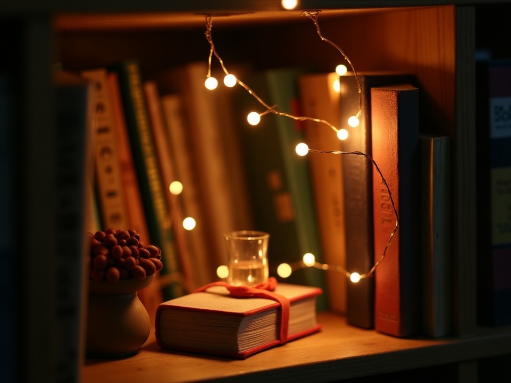 Completed book nook kit with warm amber LED fairy lights glowing inside a miniature bookshop scene between two shelf books