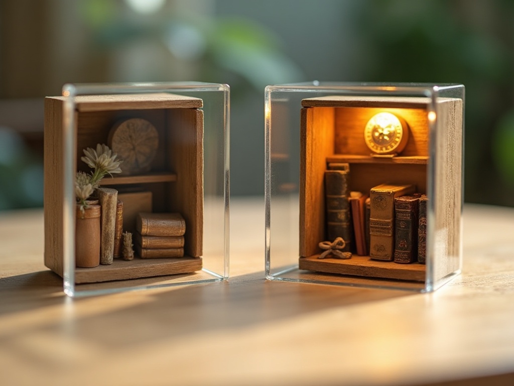 Clear acrylic panel in front of a lit book nook miniature showing high optical clarity