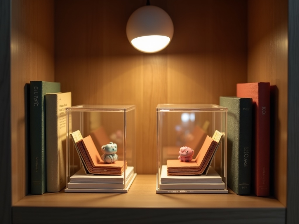 Two book nook miniatures displayed in acrylic cases on a styled home bookshelf