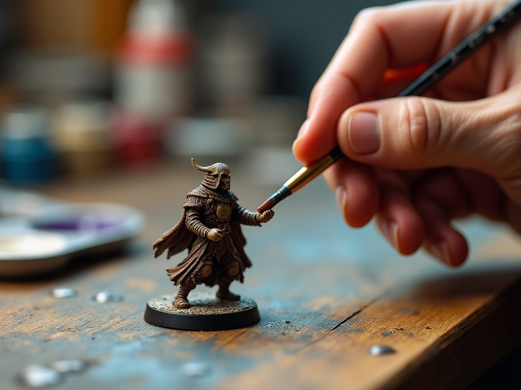 Painter holding a fine round brush over a 28mm miniature figurine on a hobby desk