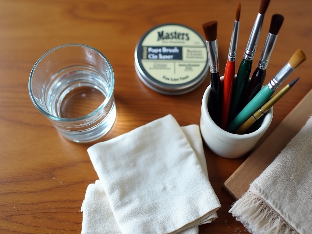 Miniature painting brush care station with rinse cup, Masters Brush Cleaner, and brushes stored tip-up in a ceramic jar