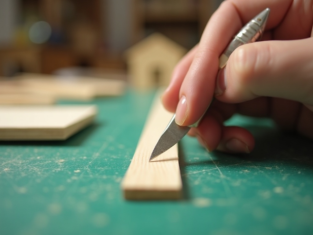 Hand holding a hobby knife scoring a basswood strip for a miniature house kit