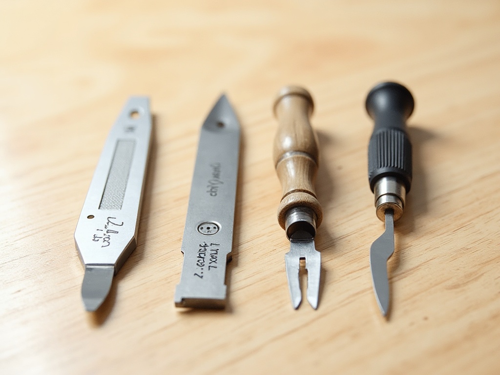 Four hobby knife handles compared side by side: X-Acto, Swann-Morton, Excel K1, and Tamiya modeler knife
