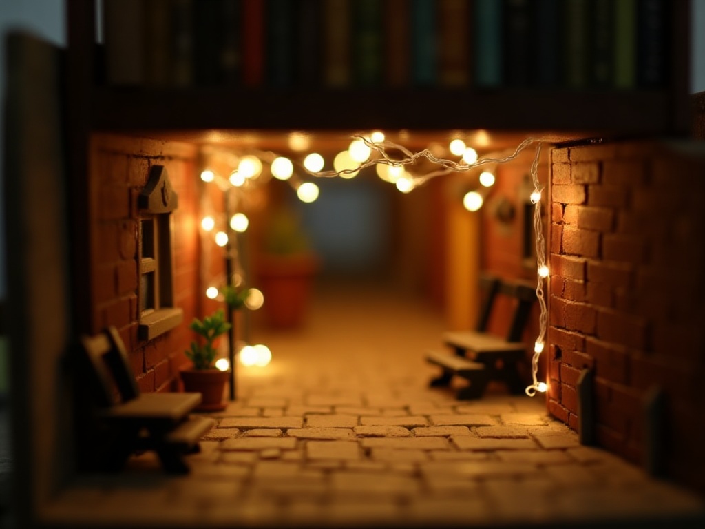 Warm-white LED strip lights installed inside a miniature book nook scene with brick walls and fairy lights