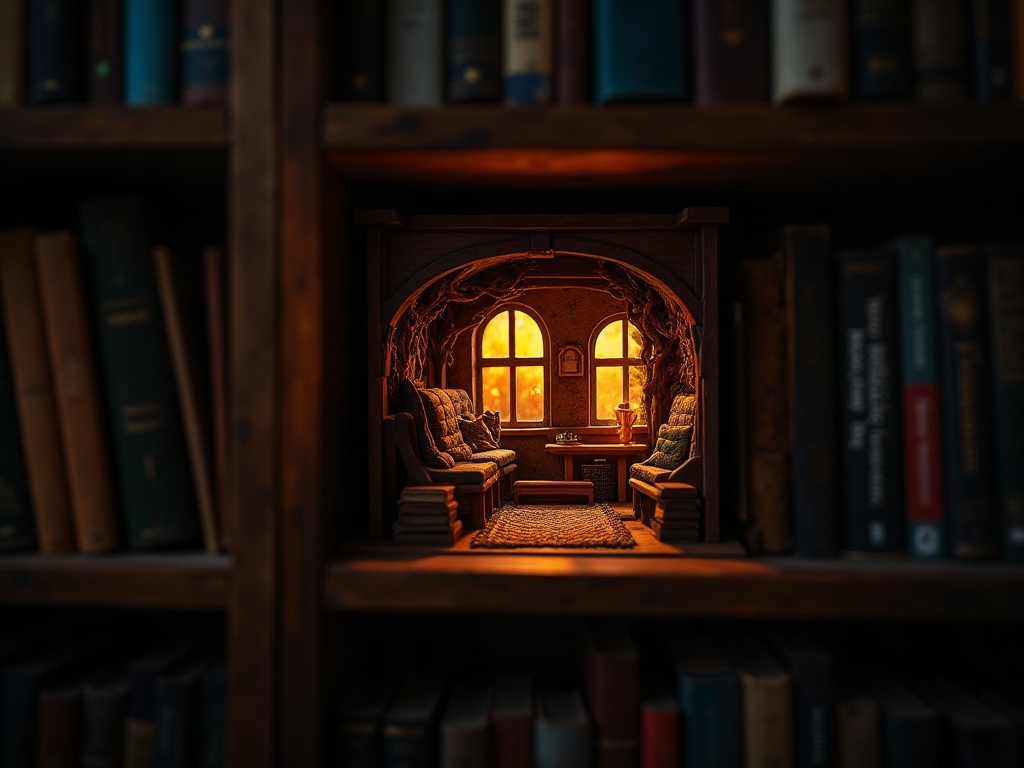 Glowing book nook fantasy tavern scene lit by warm amber LEDs on a nighttime bookshelf