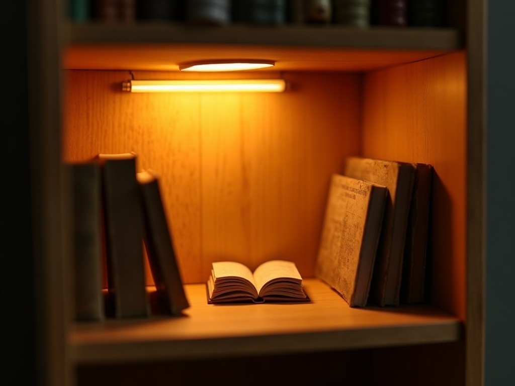 Book nook on a bookshelf lit by a warm LED strip aimed toward the back wall to create depth