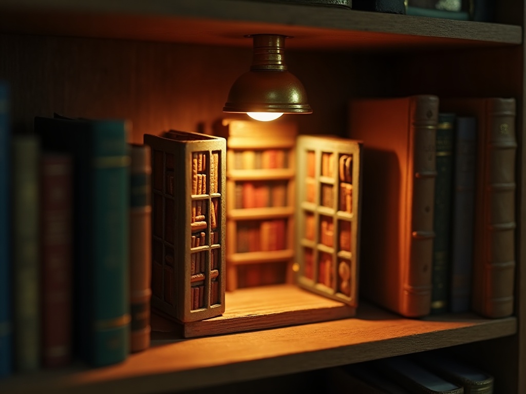 Brass picture light mounted above a book nook shelf casting warm focused beam into the miniature scene