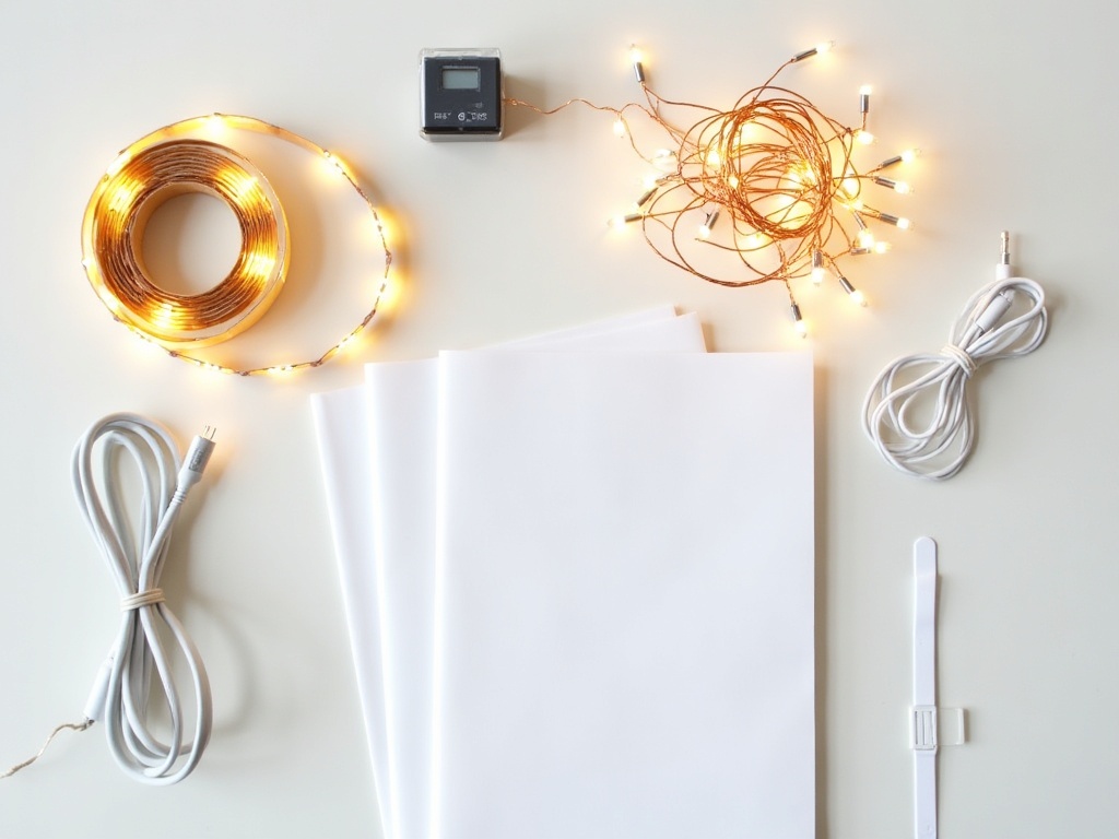 Book nook lighting tools including LED strip, copper fairy lights, fiber optic bundle, and USB cable on a craft table
