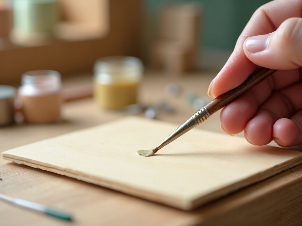 Painter applying acrylic paint to a miniature house wall panel with a fine brush