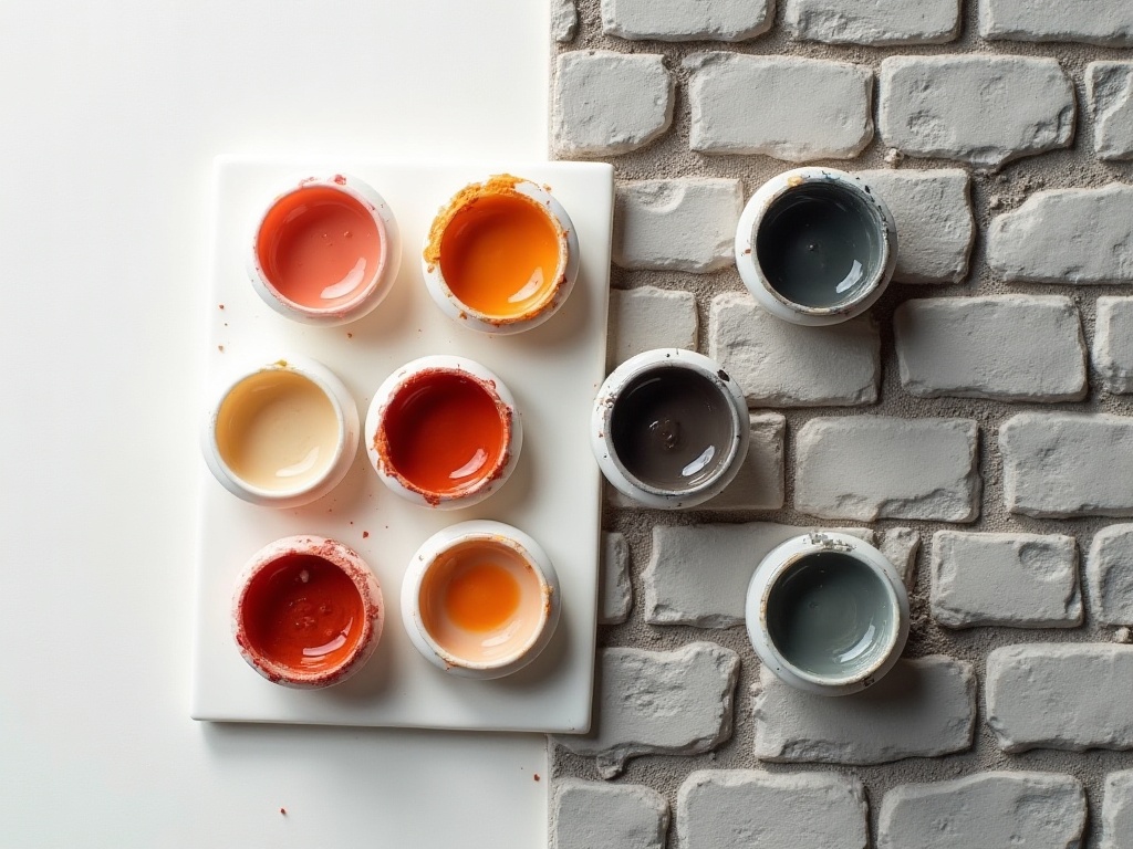 Citadel contrast paint pots beside a miniature house brick wall showing shading effects
