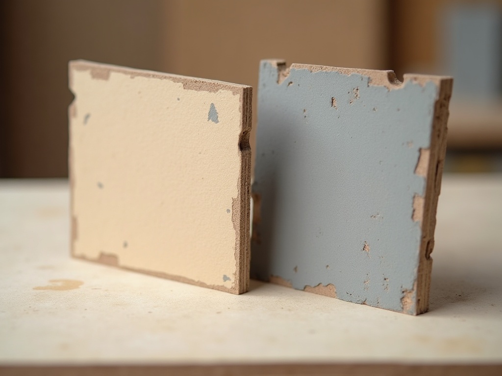 Two miniature MDF wall panels showing the difference between unprimed and primed surfaces before painting