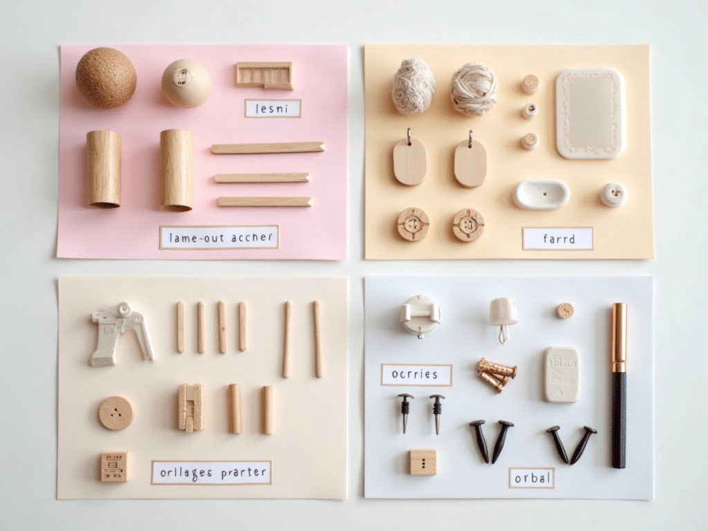 Miniature kit components sorted by material type including wood, resin, and metal before priming