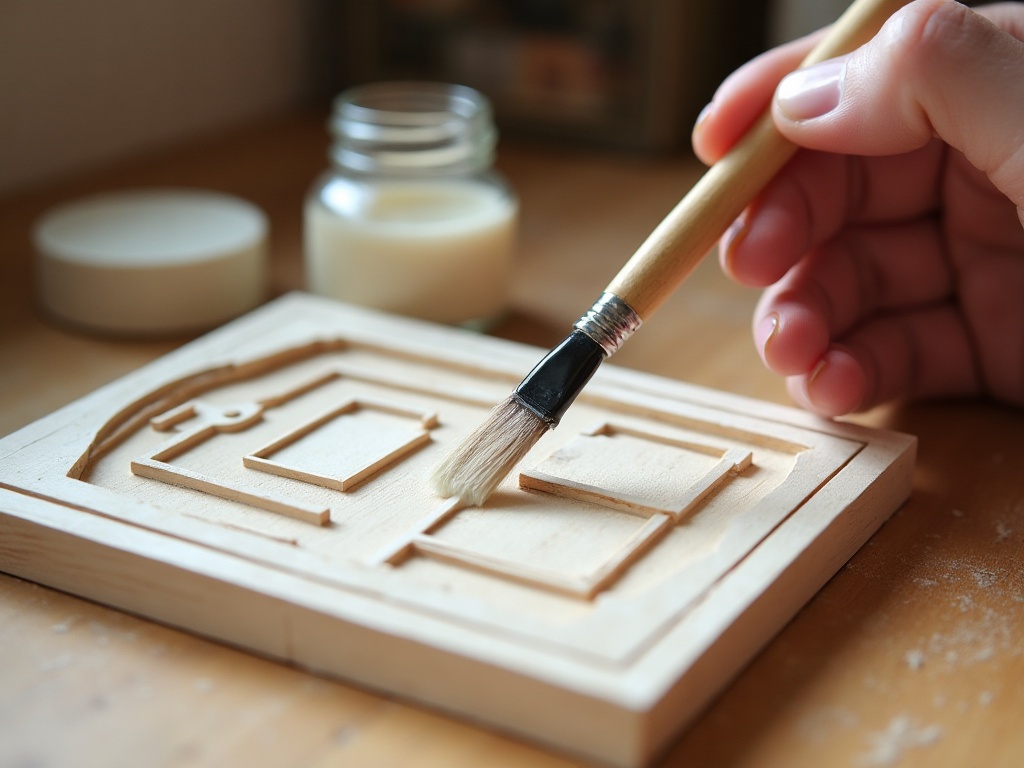 Applying brush-on primer to a delicate laser-cut miniature wooden door piece with a flat brush