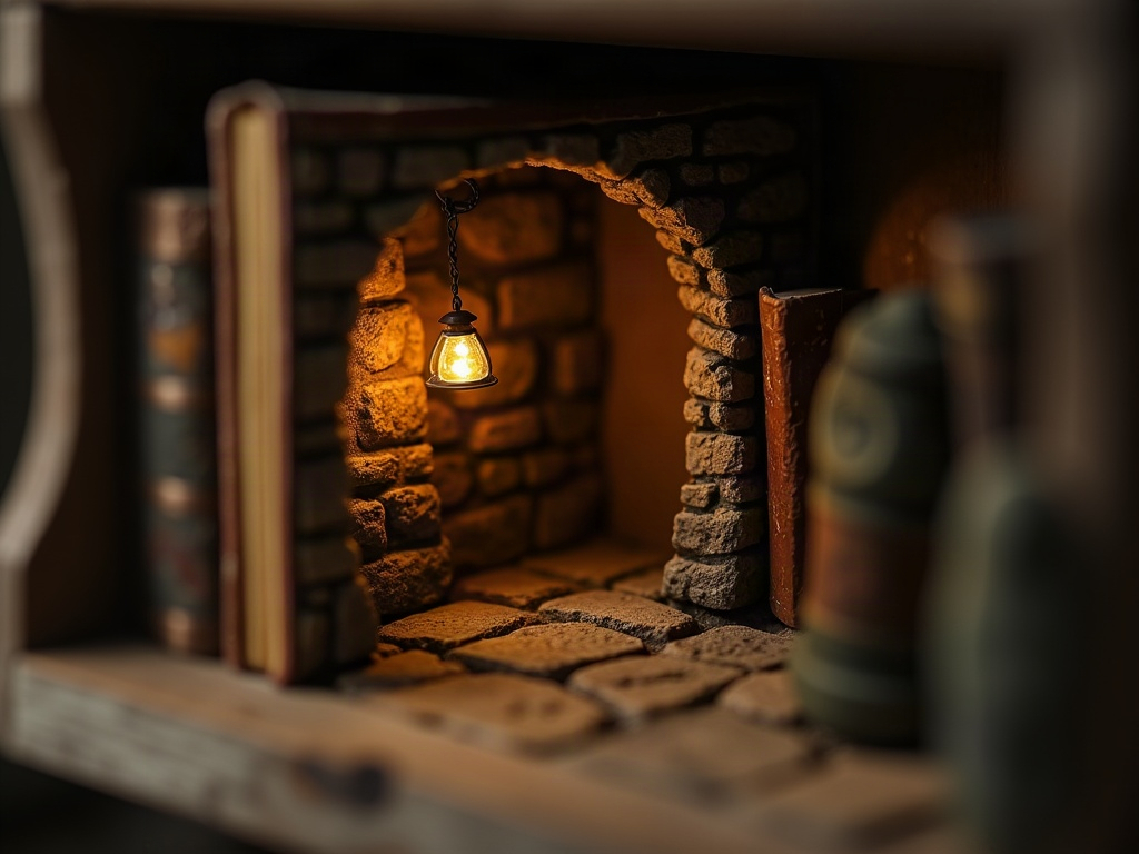 Finished book nook diorama with textured stone walls and miniature lantern on a wooden bookshelf
