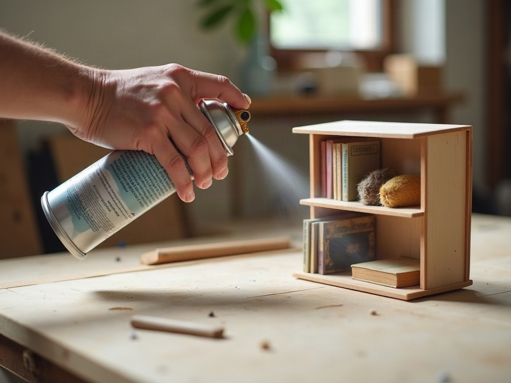 Crafter applying aerosol matte sealer to a finished book nook diorama at correct spray distance