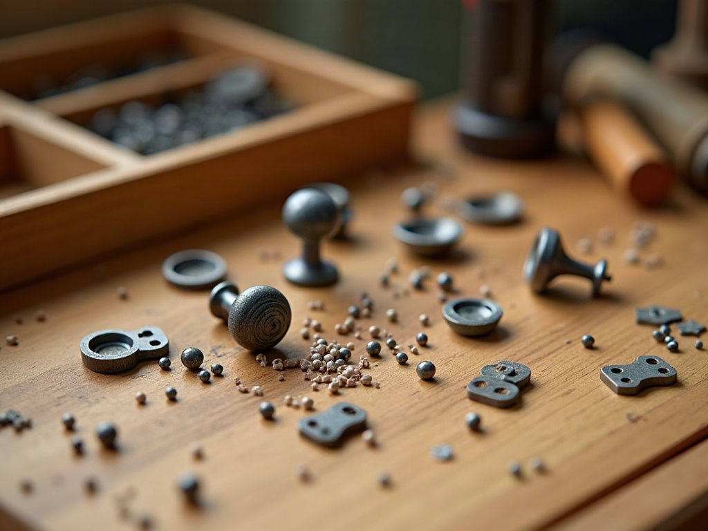 Miniature parts including tiny hinges, beads and doorknobs scattered on a craft table next to a compartment storage box