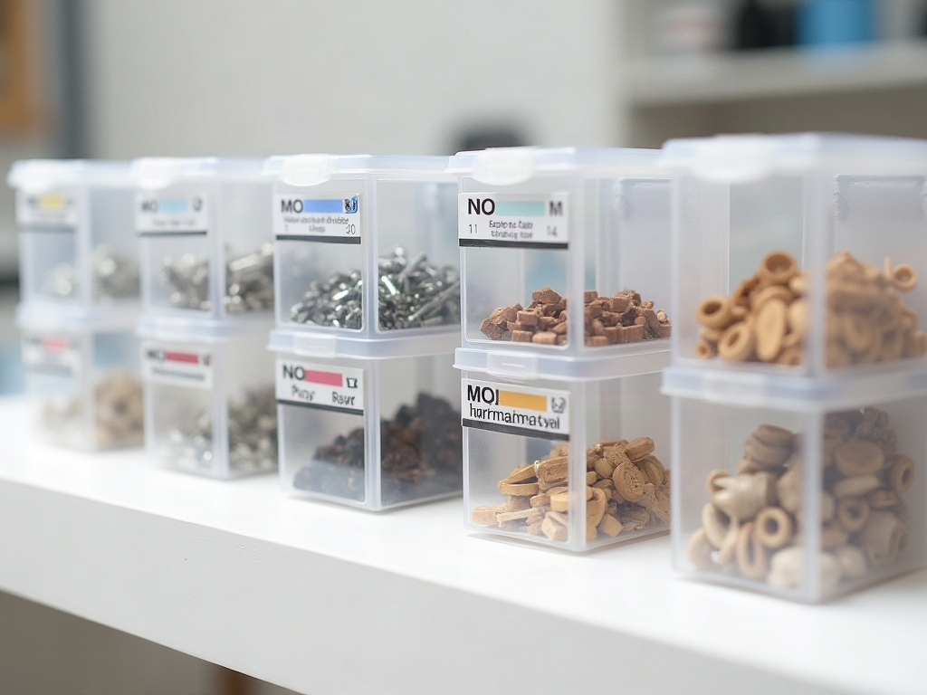 Clear plastic compartment boxes with color-coded printed labels organizing miniature brass fittings, nails and wooden parts on a white shelf