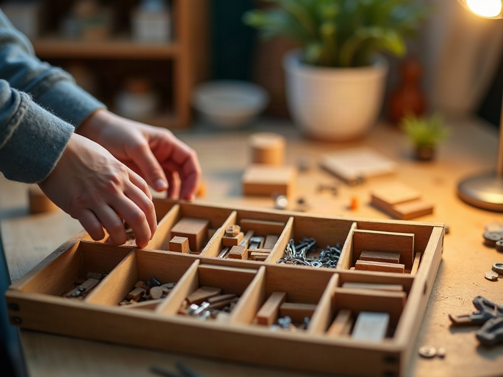Crafter opening a labeled wooden compartment box with foam-lined sections holding sorted miniature furniture pieces and small hardware