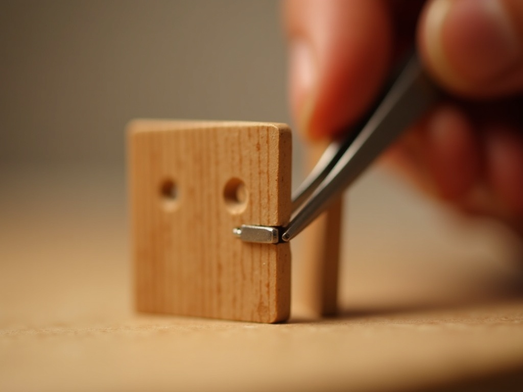 Hand using fine-point stainless steel tweezers to place a miniature door hinge on a dollhouse panel