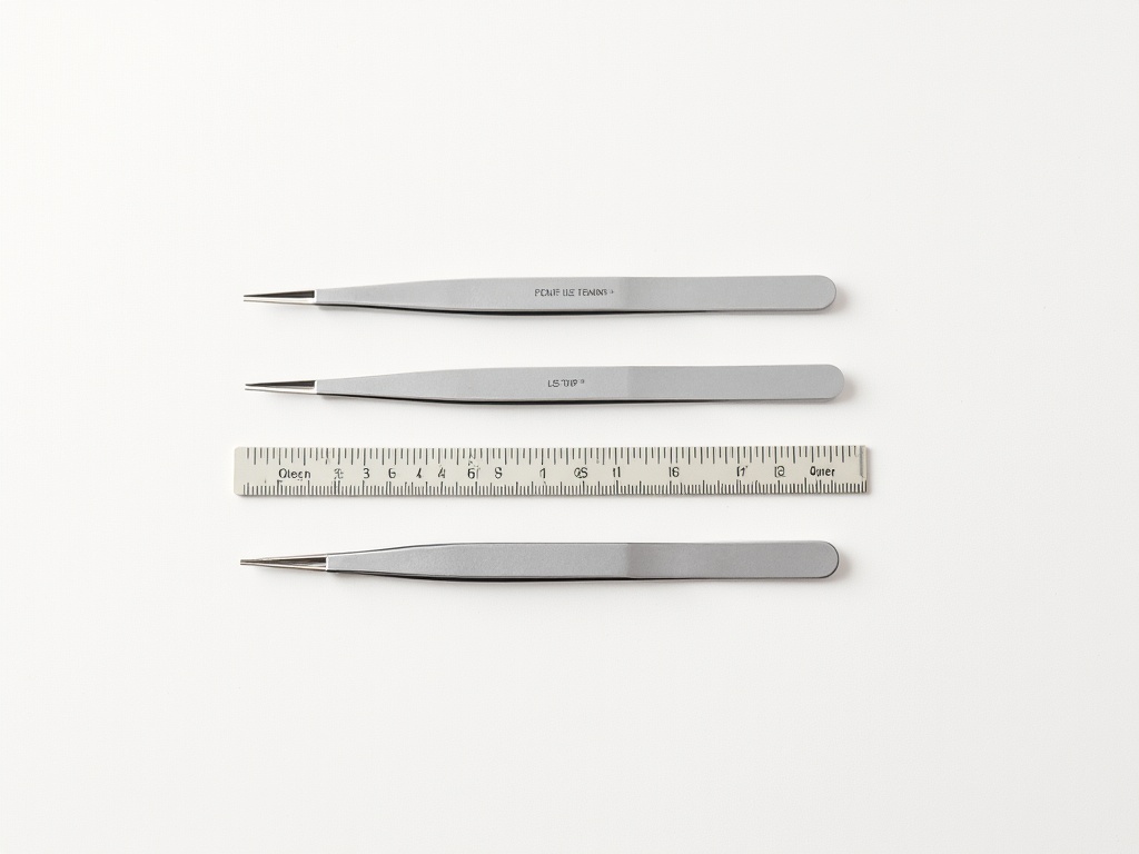 Three types of miniature tweezers: straight, angled, and reverse-action flat-tip, shown side by side with a ruler